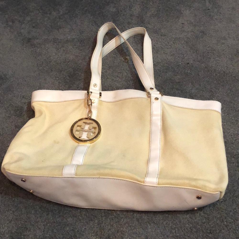 Tory Burch neutral canvas and patent leather tote